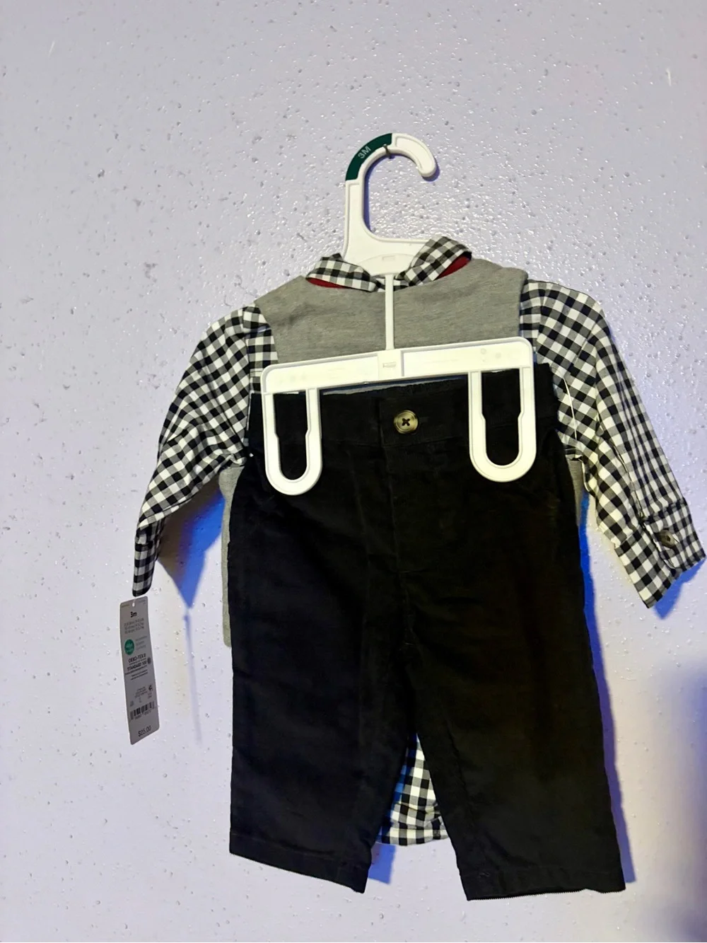 Carter's Black & White Gingham Bodysuit with Gray Vest and Red Bow Tie